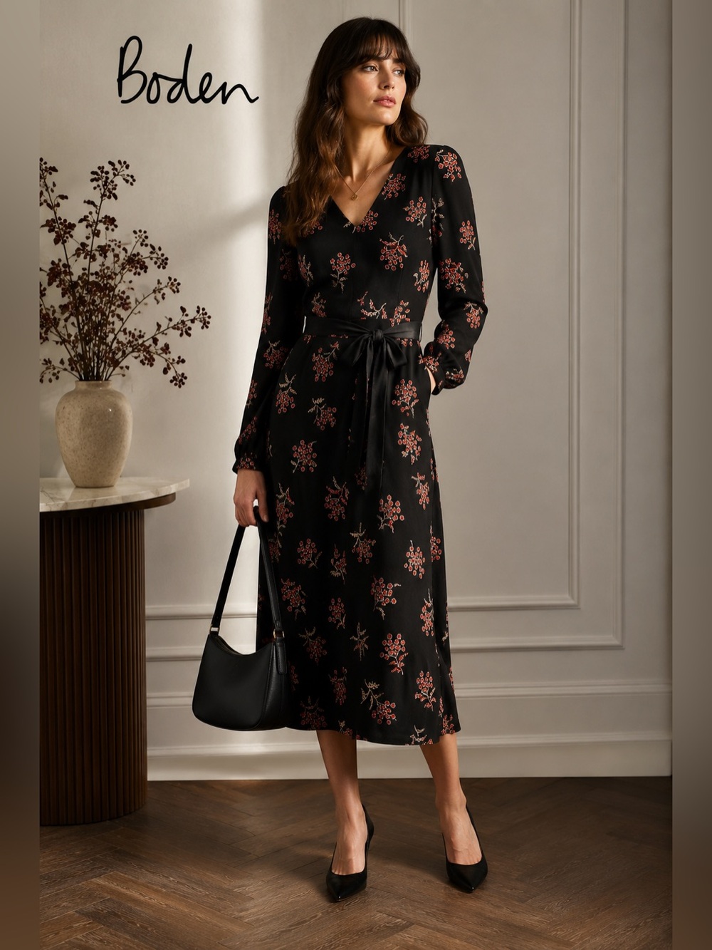 Boden Women’s US 8 Black Red office chic Floral Long Sleeve Belted Midi Dress